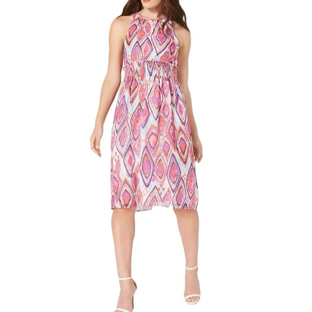 Trina Turk Mao Printed Purple Pink Smocked Midi Dress Mock Neck Sleeveless 4